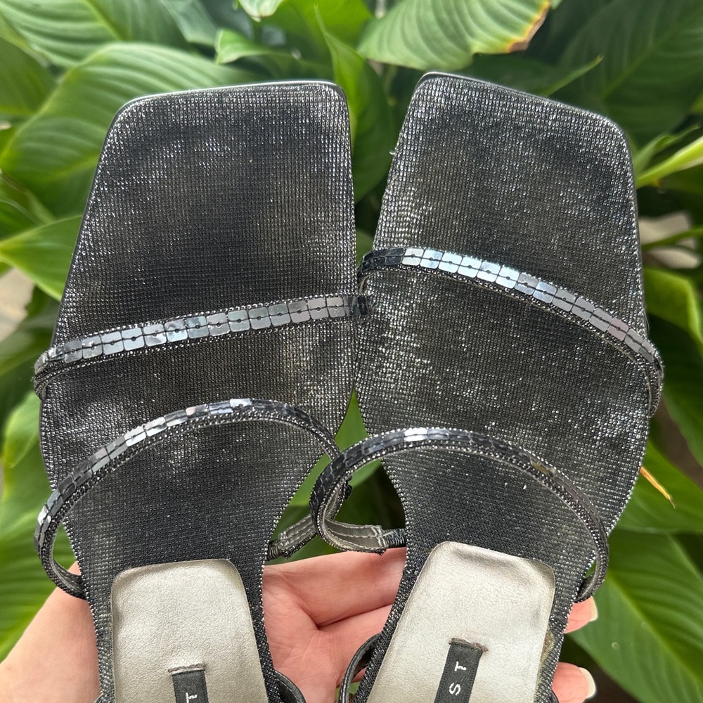 Vintage Nine West Strappy Heels Square Sequin Gun Metal Pewter Gray Black Sz 7 - Picture 10 of 17